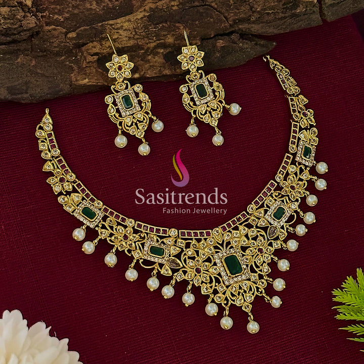 Temple Matte Gold Plated AD Floral Choker Jewellery Set - Perfect for Traditional Occasions | Sasitrends