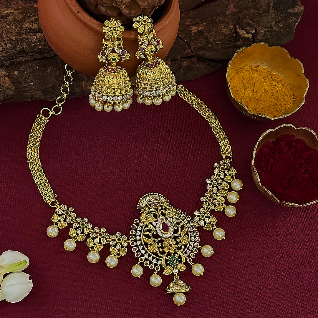 Flower Choker with Peacock Jhumki