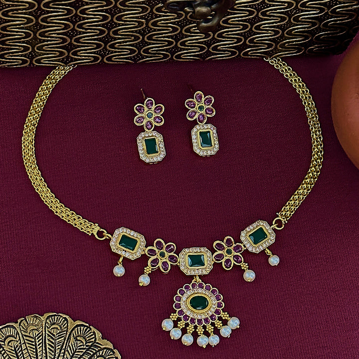 Exquisite Traditional American Diamond Floral Attigai Jewellery Set - Temple Matte Gold Plated | Sasitrends