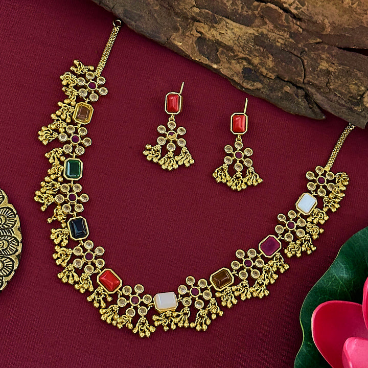 Traditional American Diamond Floral Jewellery Set - Temple Matte Gold Plated Jewellery for Women | Sasitrends