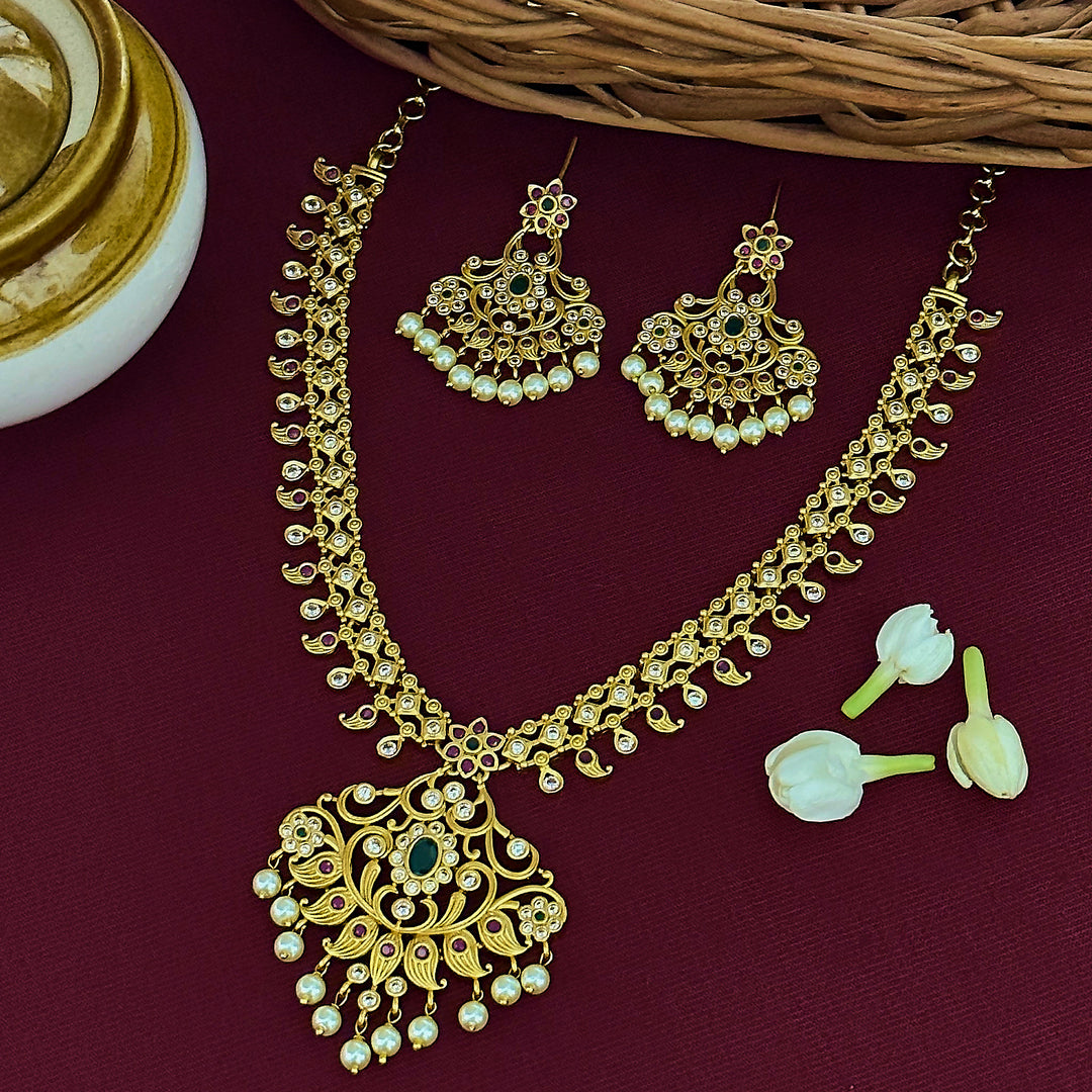 Traditional Temple Gold Plated Floral Pendant Pearl Necklace for Women