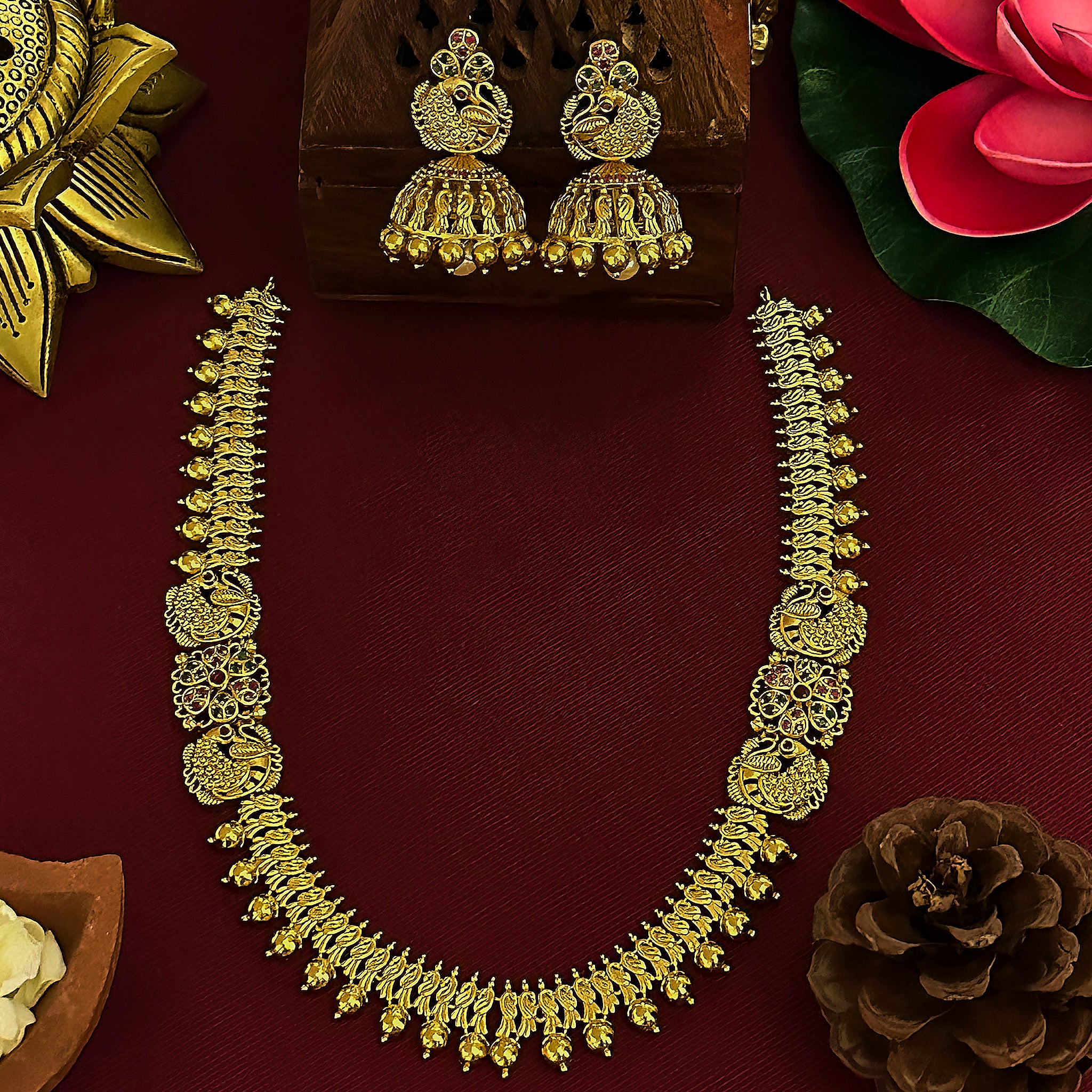 Temple Gold Plated Peacock Necklace with Matching Jhumkas