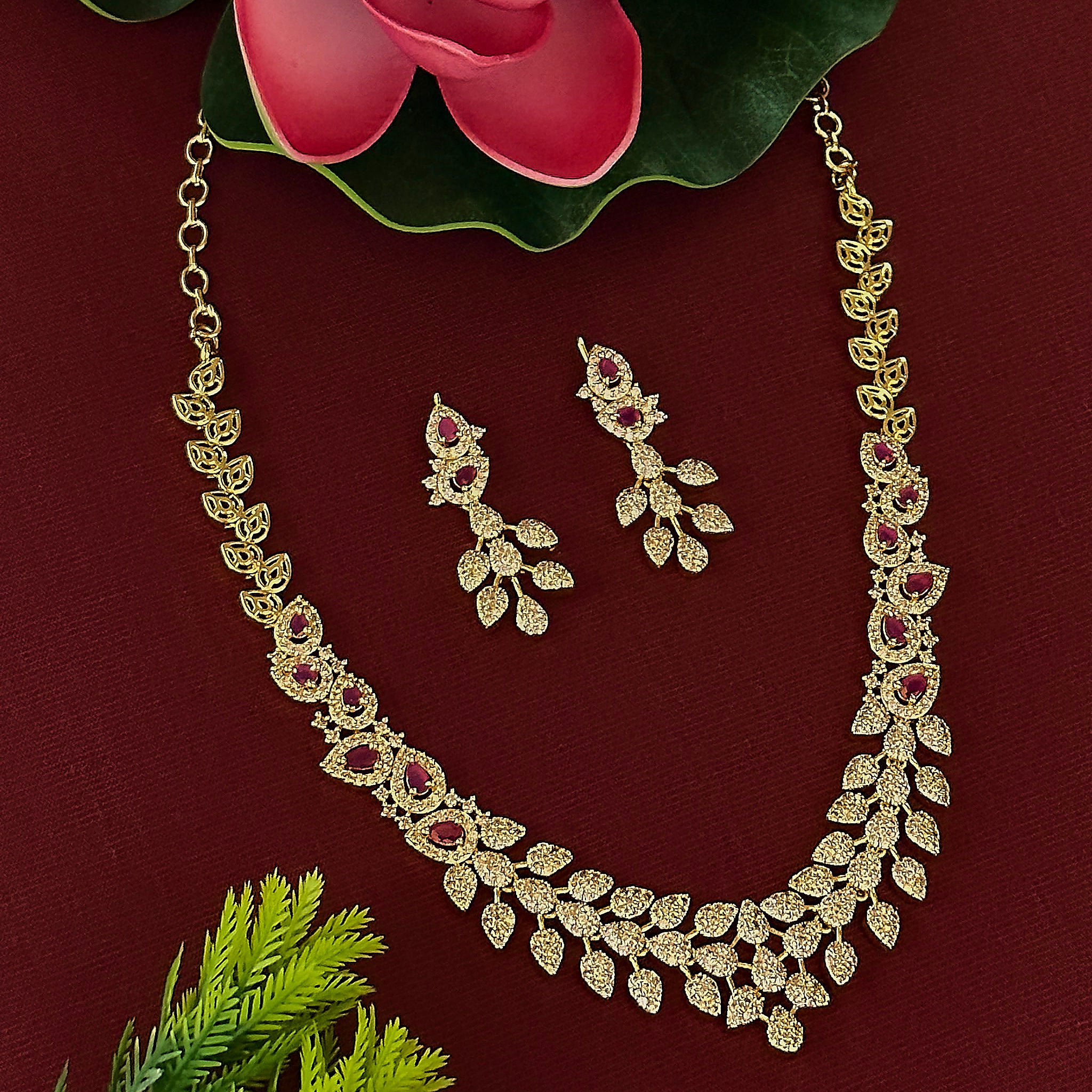 Trendy Micro Gold Plated Floral & Leaf American Diamond Necklace Set