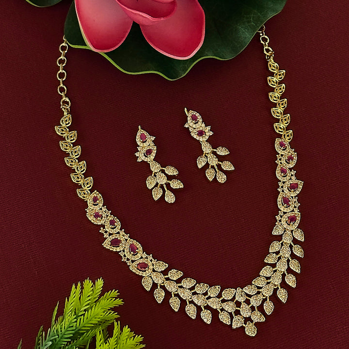 Trendy Micro Gold Plated Floral & Leaf American Diamond Necklace Set