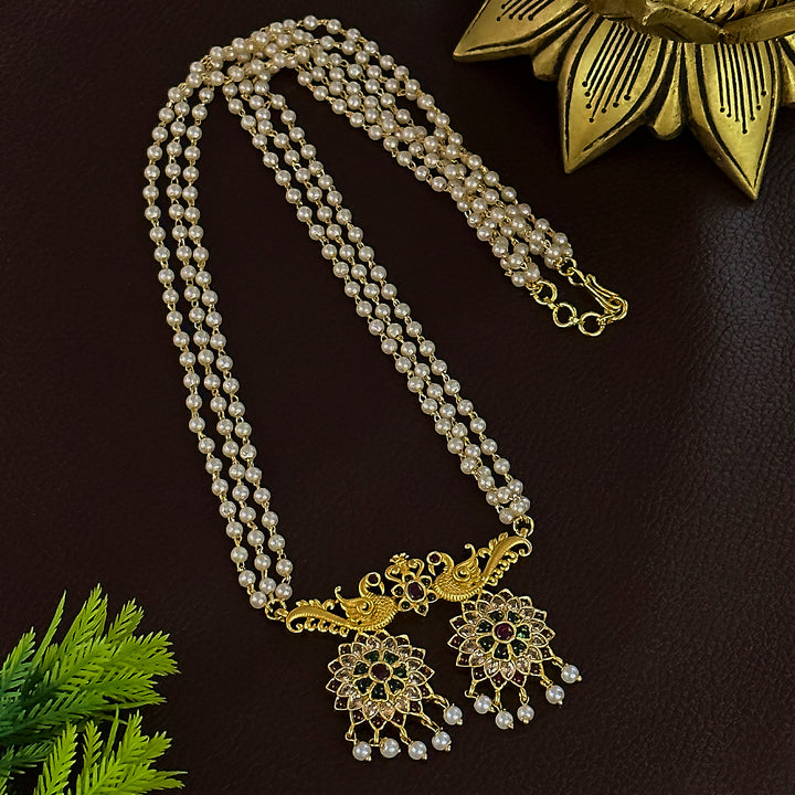 Latest Temple Matte Gold Plated Peacock Floral Pendant Three Layered Pearl Necklace for Women | Sasitrends