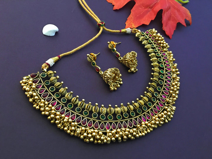 Traditional Temple Matte Gold Plated Pearl Stone Choker Jewellery Set | Sasitrends