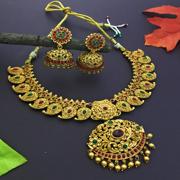 Sasitrends - Mango Design Temple Matte Gold Plated Jewellery Set