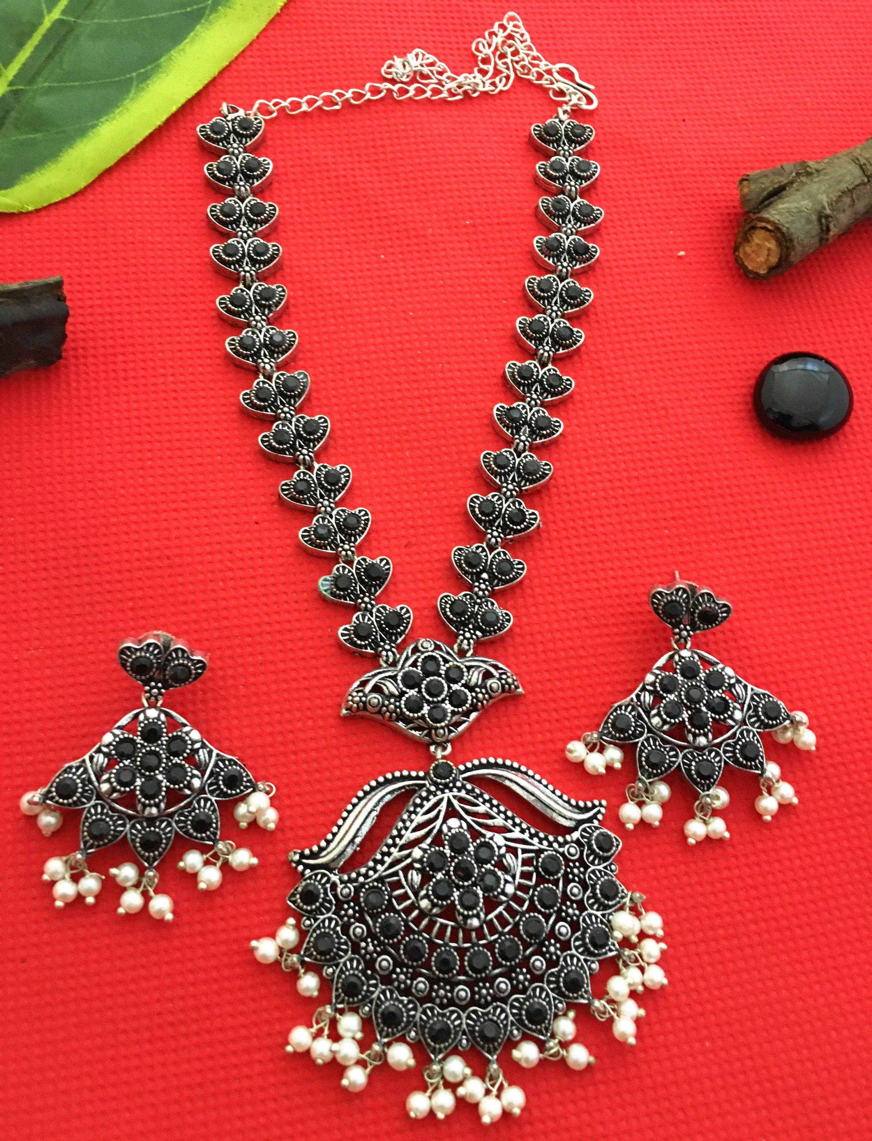 Glamorous Oxidised Silver Party Necklace with Flower Pendant & Pearl Hangings Earrings Jewellery Set - Sasitrends