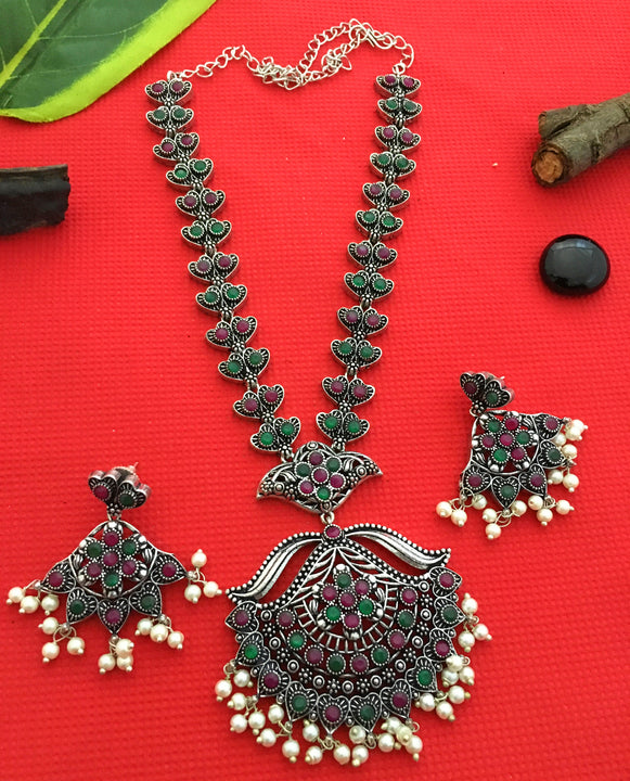 Glamorous Oxidised Silver Party Necklace with Flower Pendant & Pearl Hangings Earrings Jewellery Set