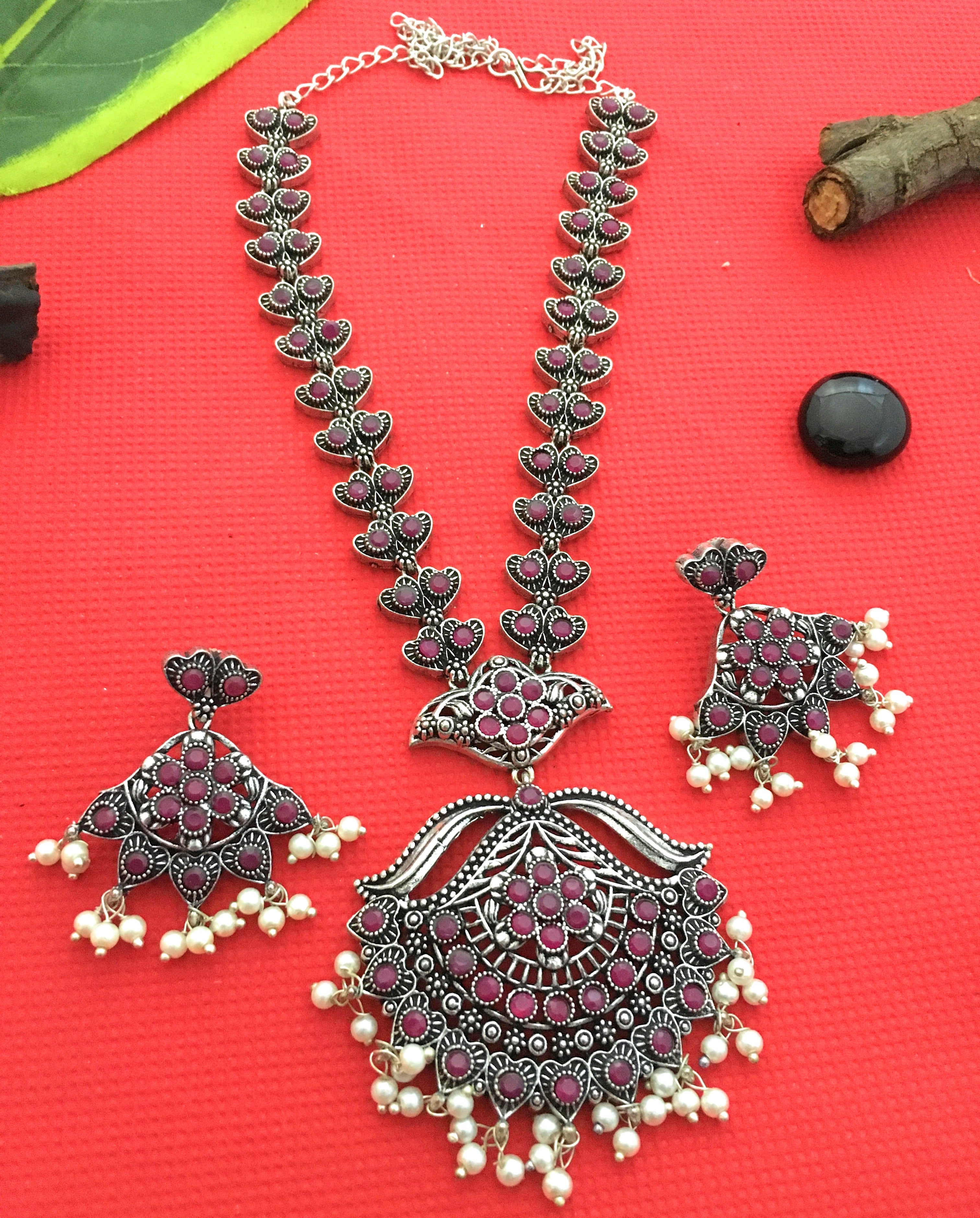 Glamorous Oxidised Silver Party Necklace with Flower Pendant & Pearl Hangings Earrings Jewellery Set - Sasitrends