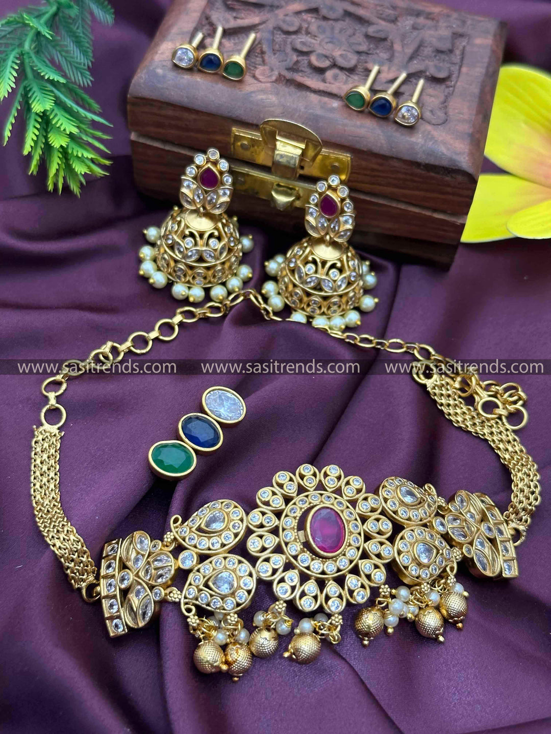 Colorful Oval Stone Necklace with Leaf Jhumka - Brass Material, Matte Gold Plating, Interchangeable Stones