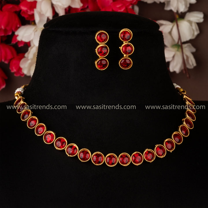 Party Wear Antique Ruby Choker Round Kemp Stone Jewellery Set With Matching Earrings