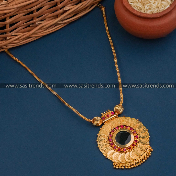 Micro Gold Plated Elegant Kerala Style Lakshmi Coin Palakka Necklace with Green Stone Pendant