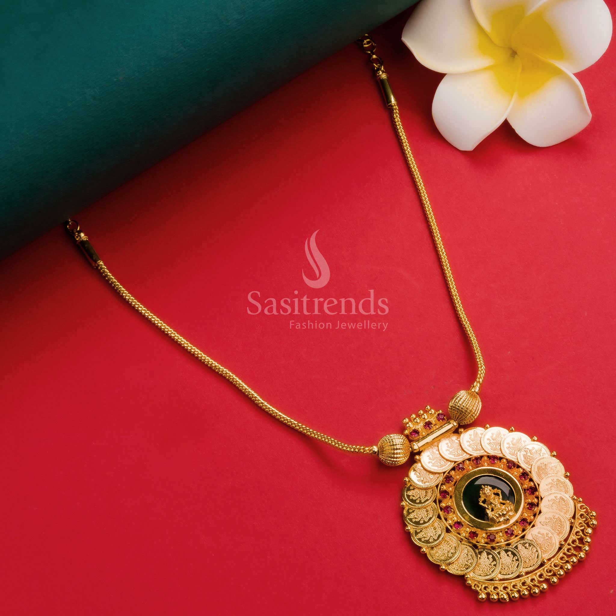 Trendy Kerala Style Gold Plated Lakshmi Coin Palakka Necklace with Green and Pink Stones - Sasitrends