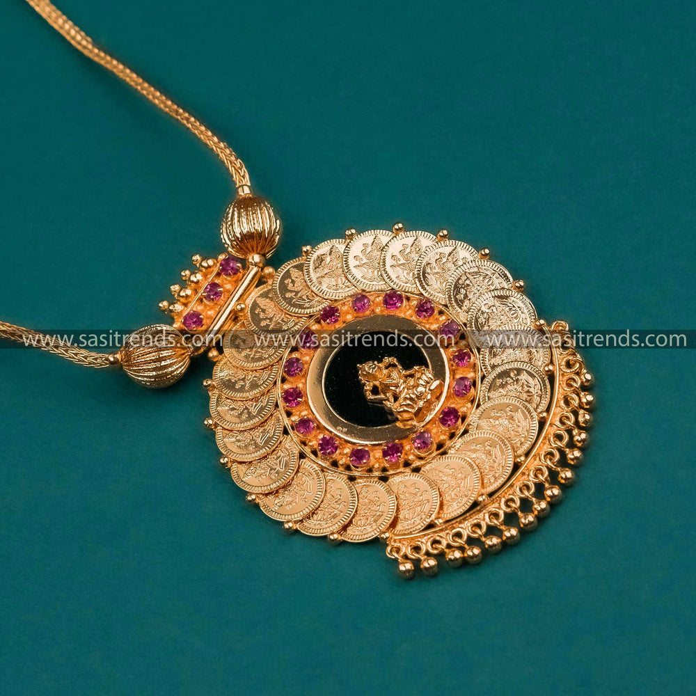 Trendy Kerala Style Gold Plated Lakshmi Coin Palakka Necklace with Green and Pink Stones