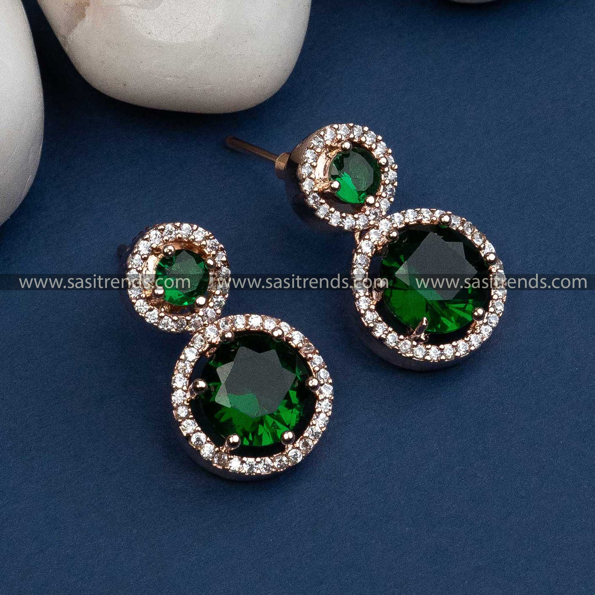 Captivating Green Stone Rose Gold Plated Earrings with American Diamond Stones