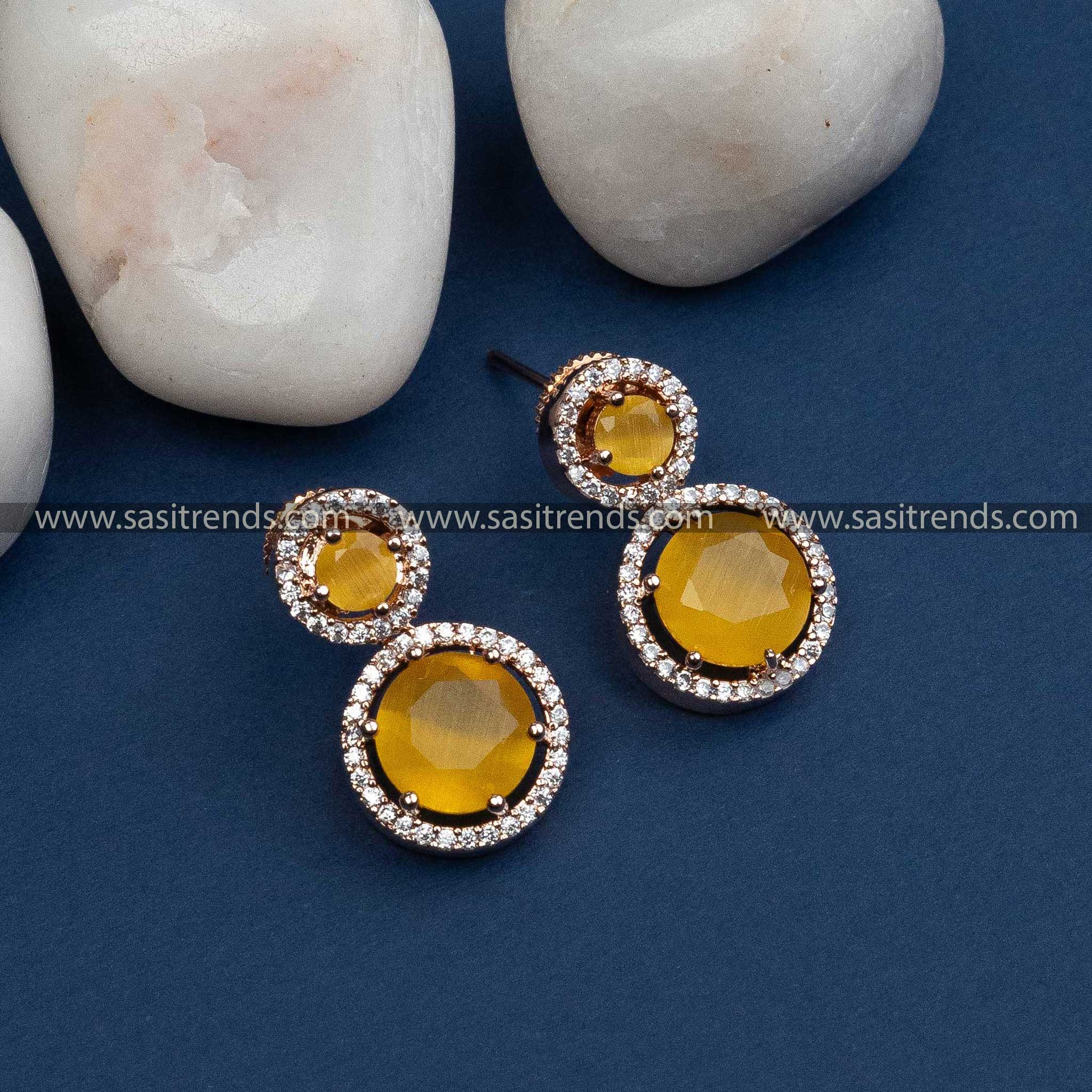 Mesmerizing Yellow Stone Rose Gold Plated Earrings with American Diamond Stones