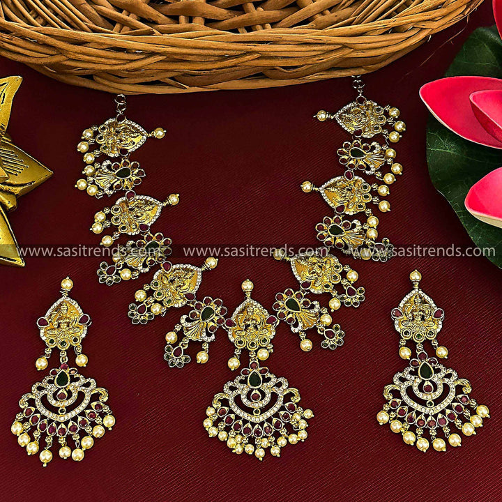 Traditional Bridal Lakshmi & AD Stones Temple Matte Gold Plated Pearl Jewellery Set for Women | Sasitrends