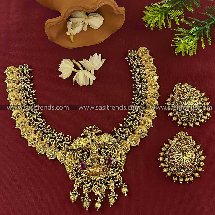 Bridal Wear Temple Matte Gold Finish Lakshmi Peacock Choker Jewellery Set | Sasitrends