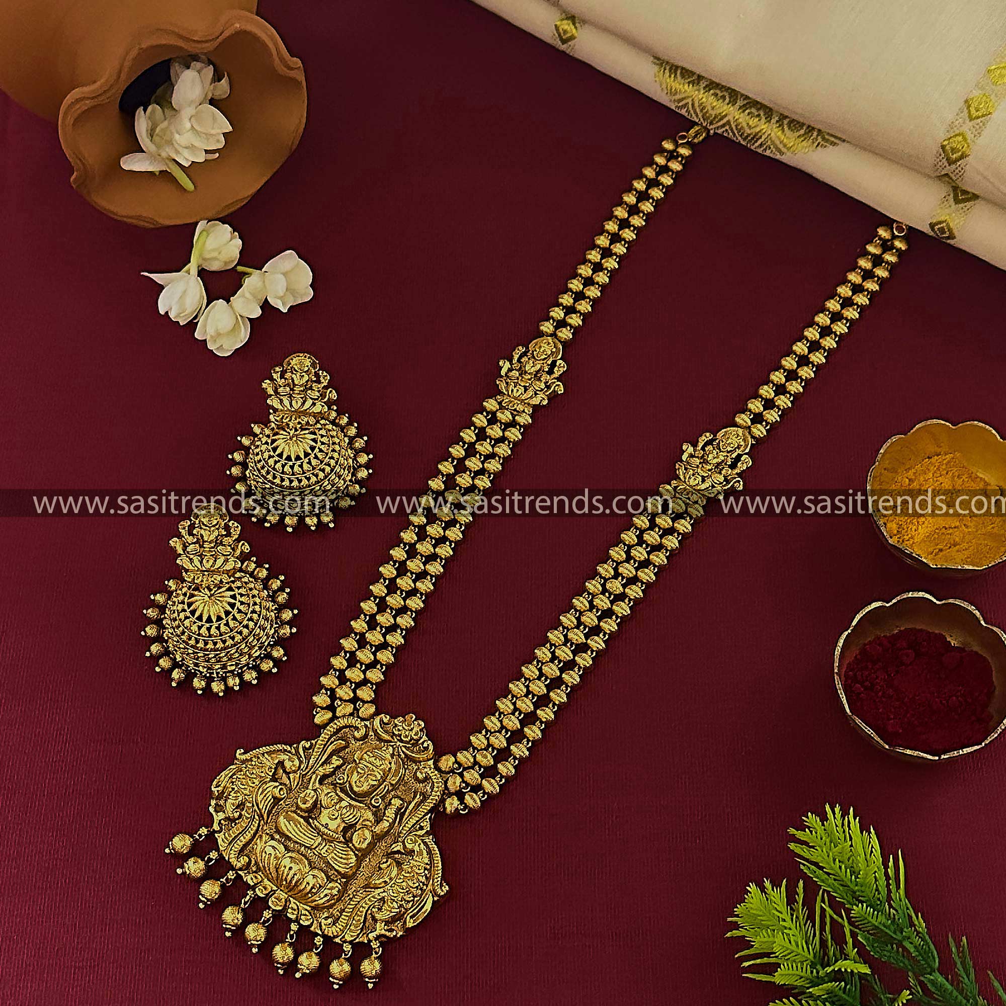 3 Layered Mugappu Long Necklace Set - Latest Design For Bridals - Matte Gold Plated