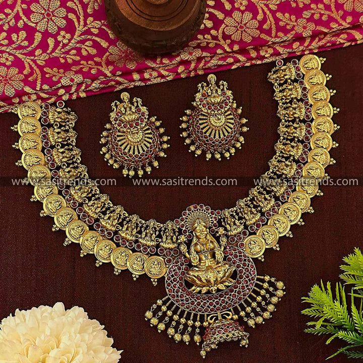 Gold Plated Lakshmi Coin Choker Necklace with Jhumkas