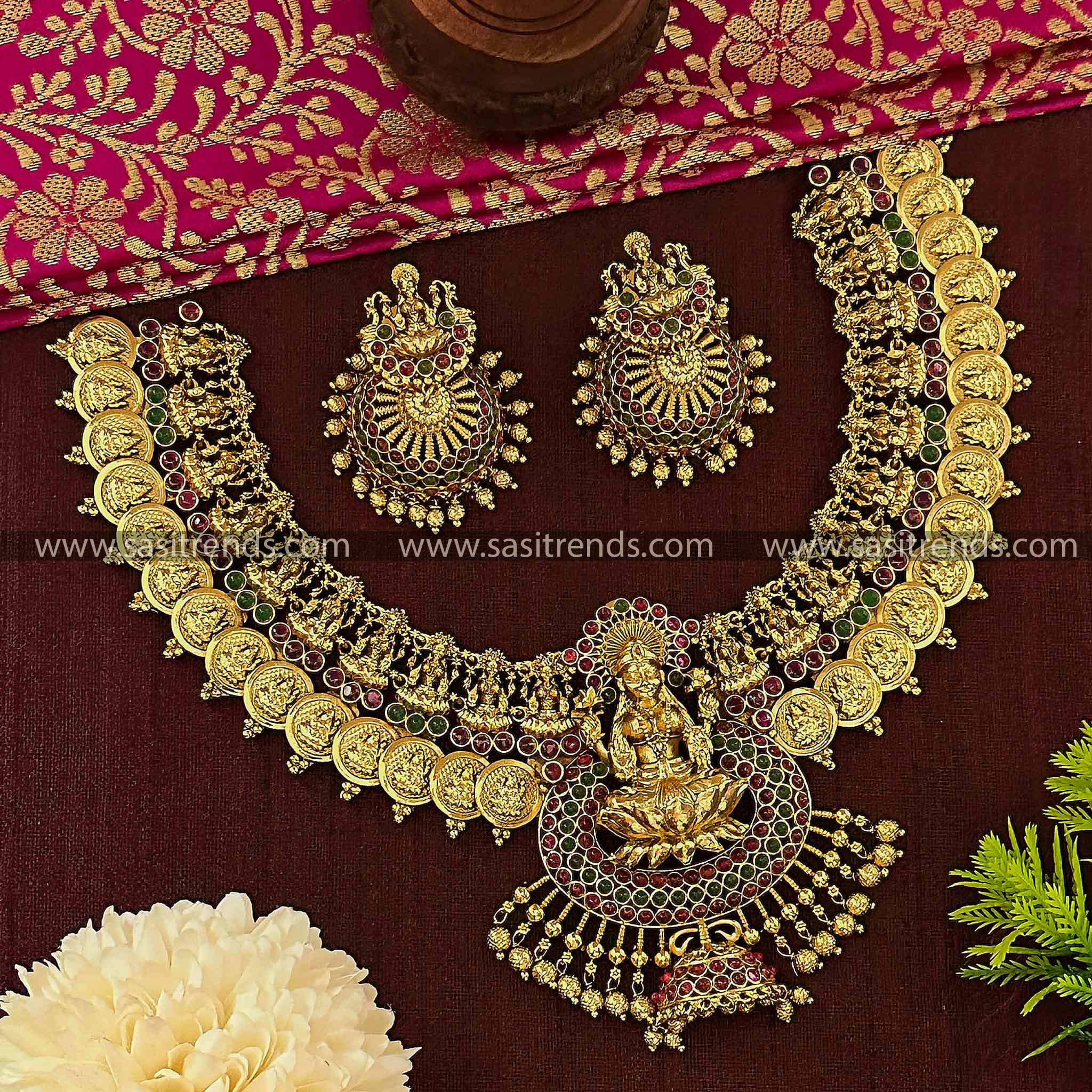  Bridal Wear Temple Gold Plated Lakshmi Coin Choker Necklace with Jhumkas