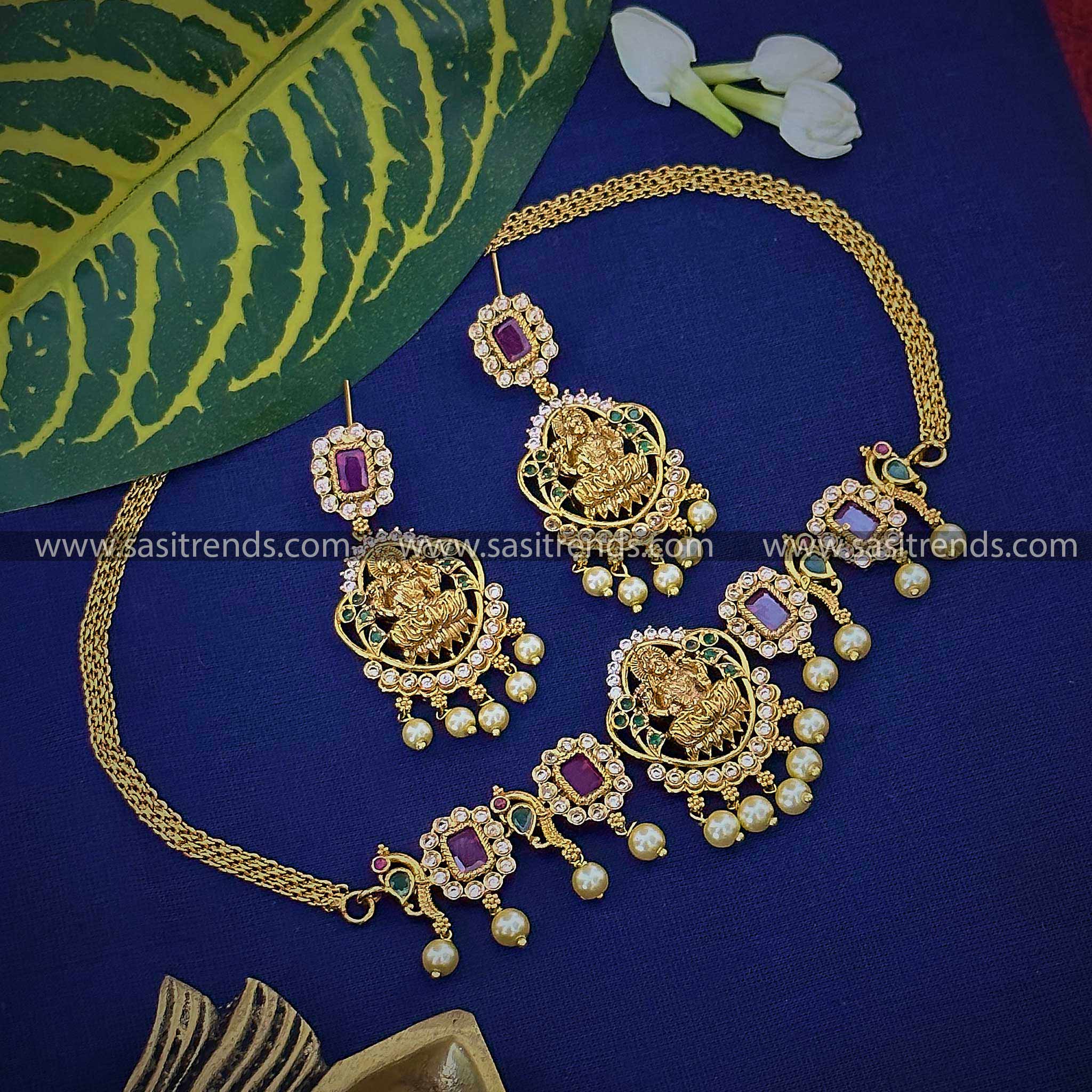 Gorgeous Temple Gold Finish Lakshmi Pendant Choker Necklace & Earrings Set with AD Stones