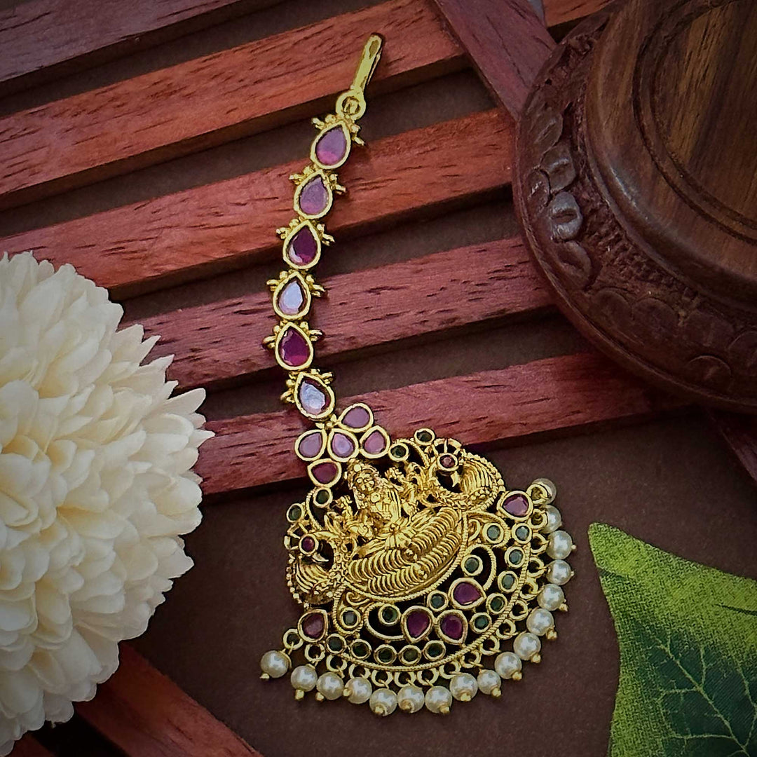 Traditional Bridal Lakshmi Motif Temple Gold Maang Tikka with AD Stones