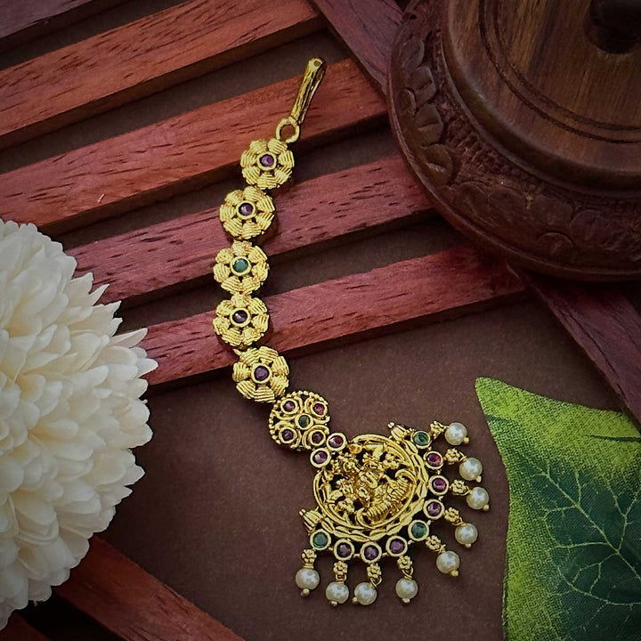 Temple Matte Gold Plated Maang Tikka with Lakshmi Motif & AD Stones - Traditional Wedding Collection | Sasitrends