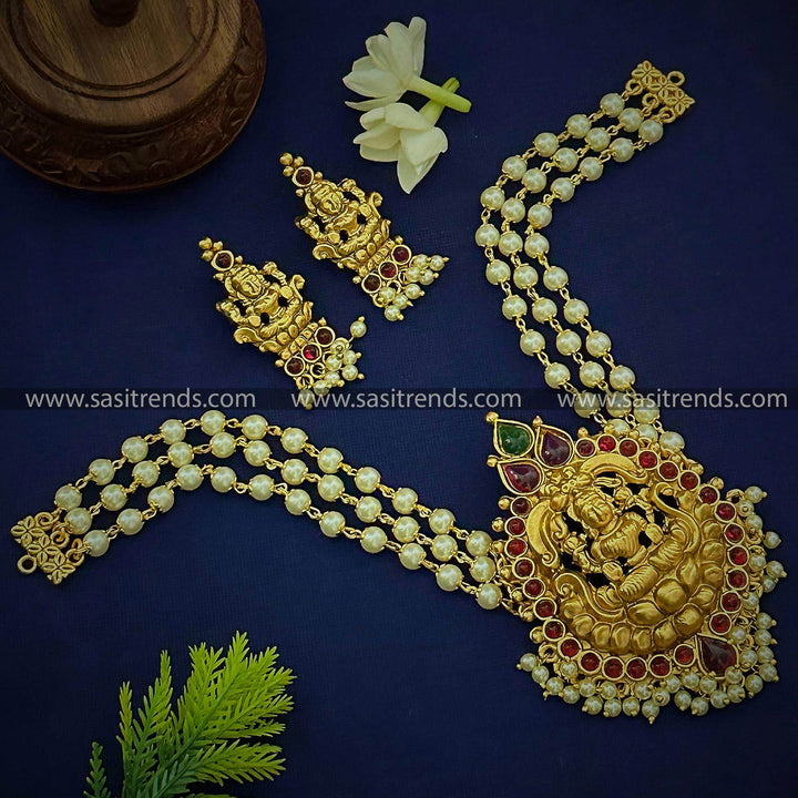 Traditional Temple Matte Gold Plated Lakshmi Pendant Choker Jewellery Set with Kemp AD Stones | Sasitrends