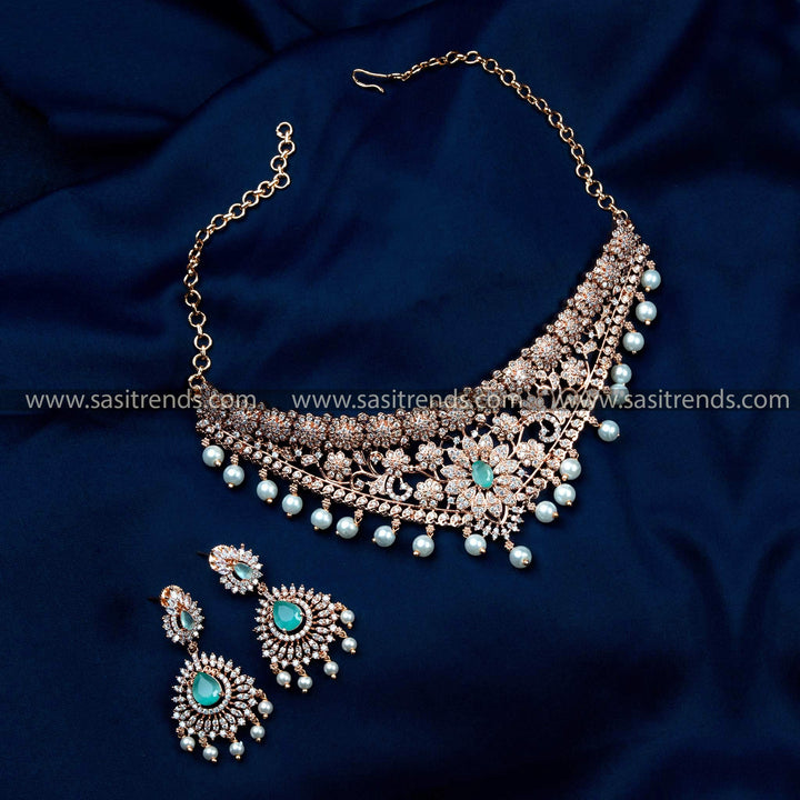 Elegant Rose Gold Plated Wedding Choker Jewellery Set with Pearl Drops & American Diamonds  | Sasitrends