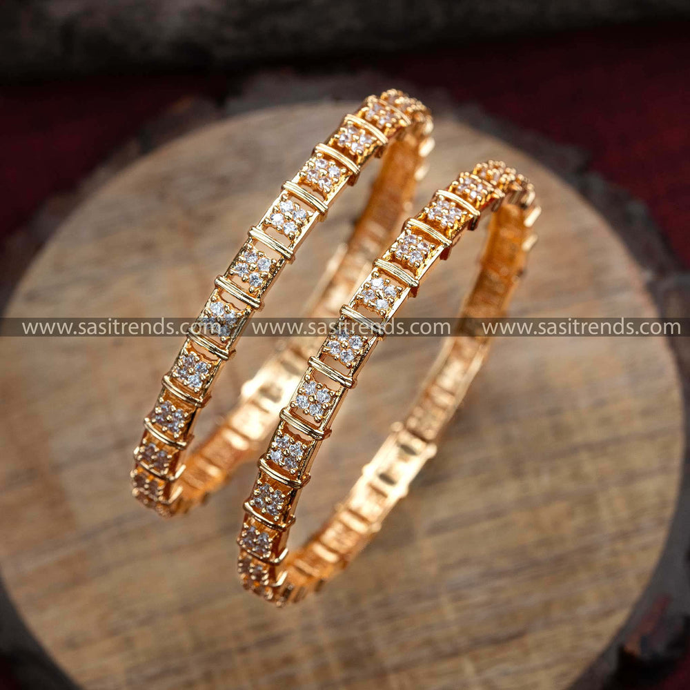 Traditional Floral Motif Micro Gold Plated Bangle Pair with AD Stones