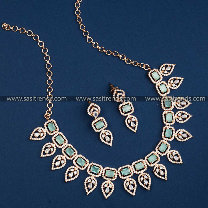 Rose Gold Plated AD Stone Necklace Set with Leaf Design - Add Glamour to Your Look with This Beautiful Mint Stone Jewelry Set.