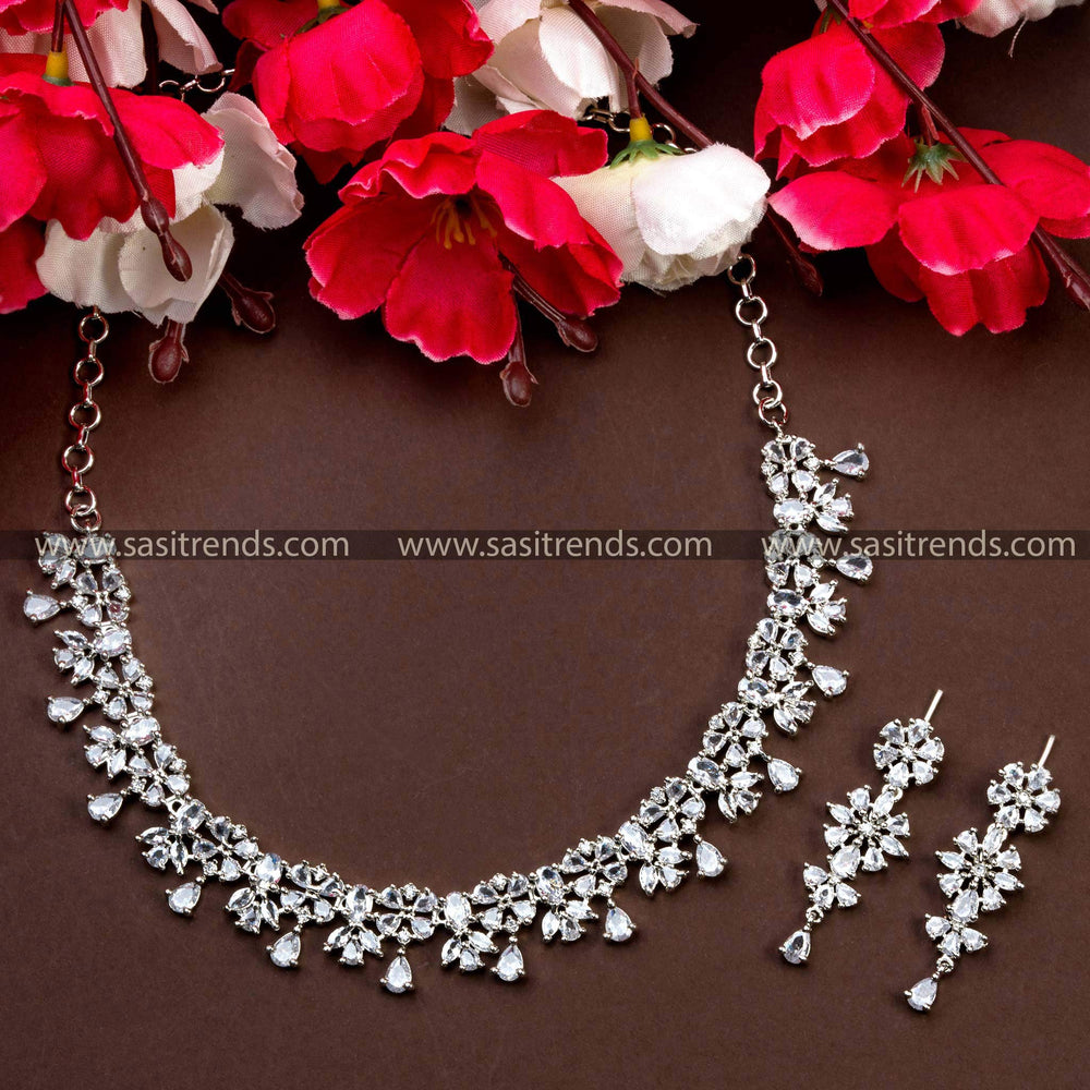 Sophisticated Party Wear Jewelry Set with White Stones, New Rich Look Rhodium Silver Plated AD Necklace and Earrings