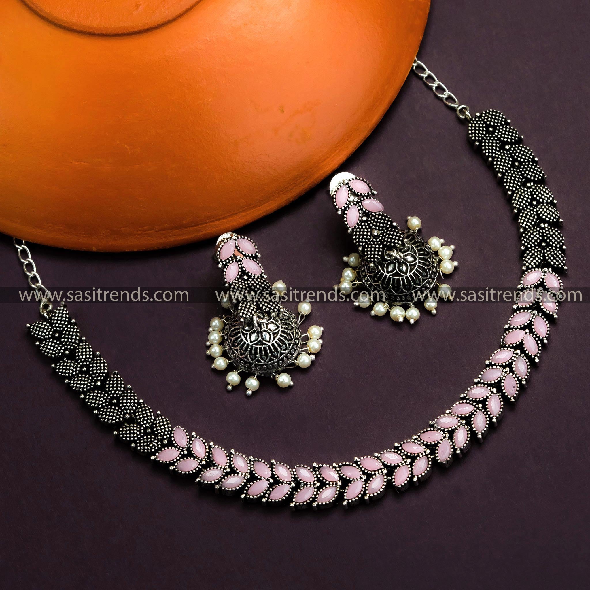 Party Wear Oxidized German Silver Leaf Necklace with Jhumkas & Pink Stones - Timeless Beauty for Online Shopping