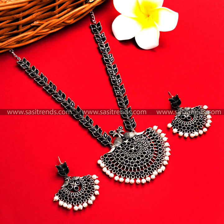 Traditional Oxidised German Silver Necklace with Rich Black Stones and Peacock Pendant - Party Wear Jewelry