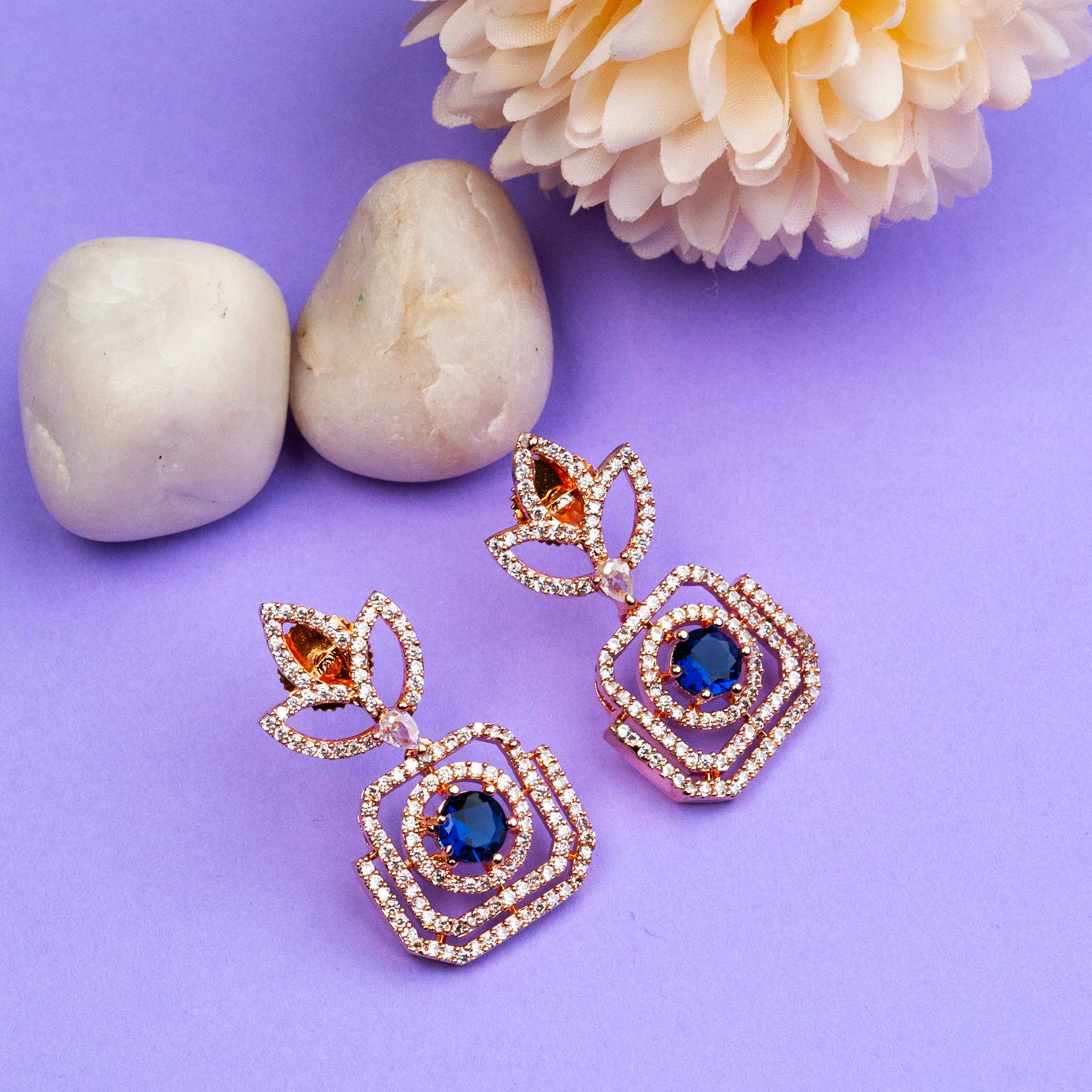  Blue Rose Gold Plated Earrings - Glittering American Diamond Stones