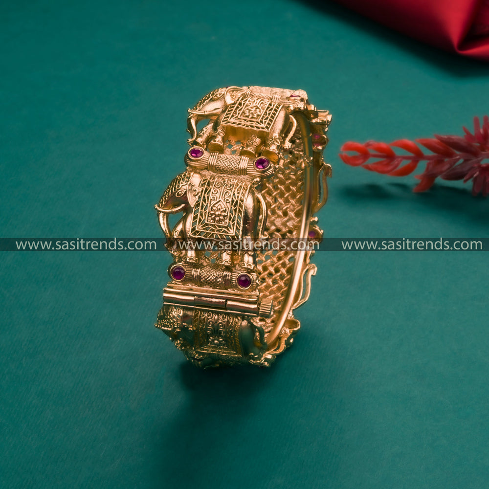 Traditional Bridal Antique Gold Plated Temple Kada Bangles with Elephant Motifs