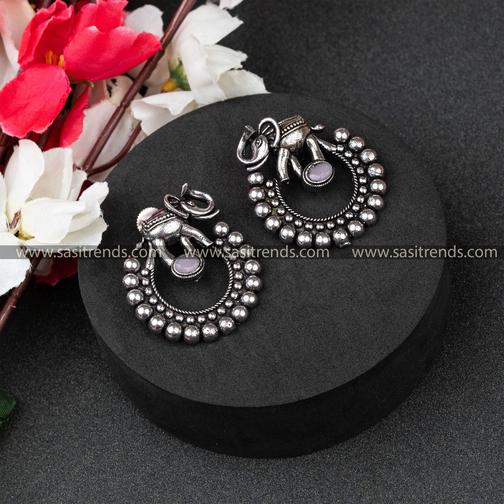 Office Wear Oxidised German Silver Elephant Designer Oval Monalisa Stone Pink Earrings