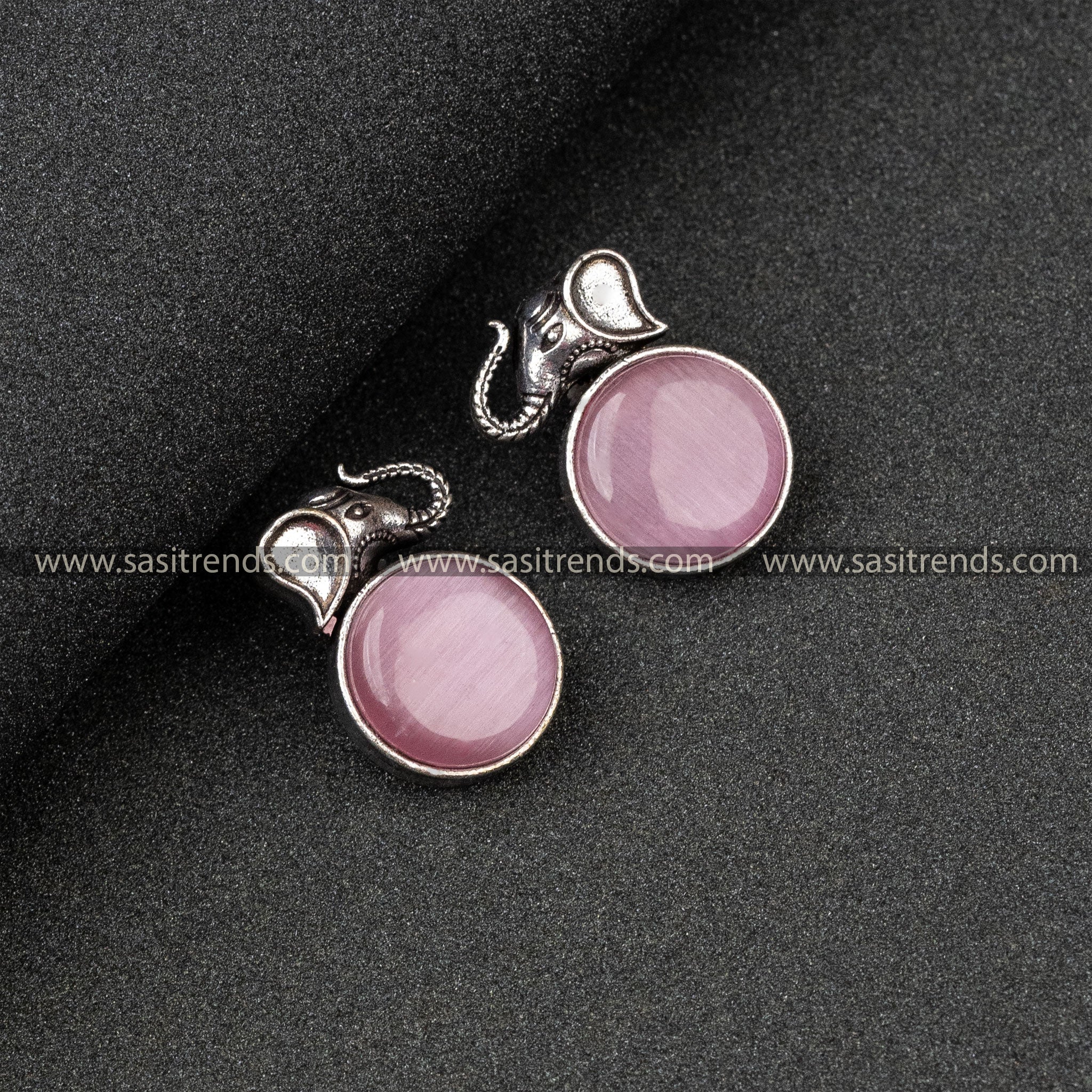 Latest Sasitrends Oxidised German Silver Elephant Head And Round Monalisa Stone Pink Earrings