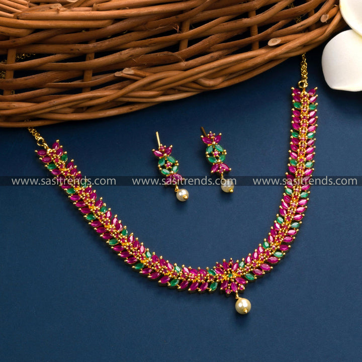 Exquisite Floral Leaf Necklace with Ruby-Green AD Stones - Micro Gold Plated Traditional Jewelry Set for Parties and Special Occasions