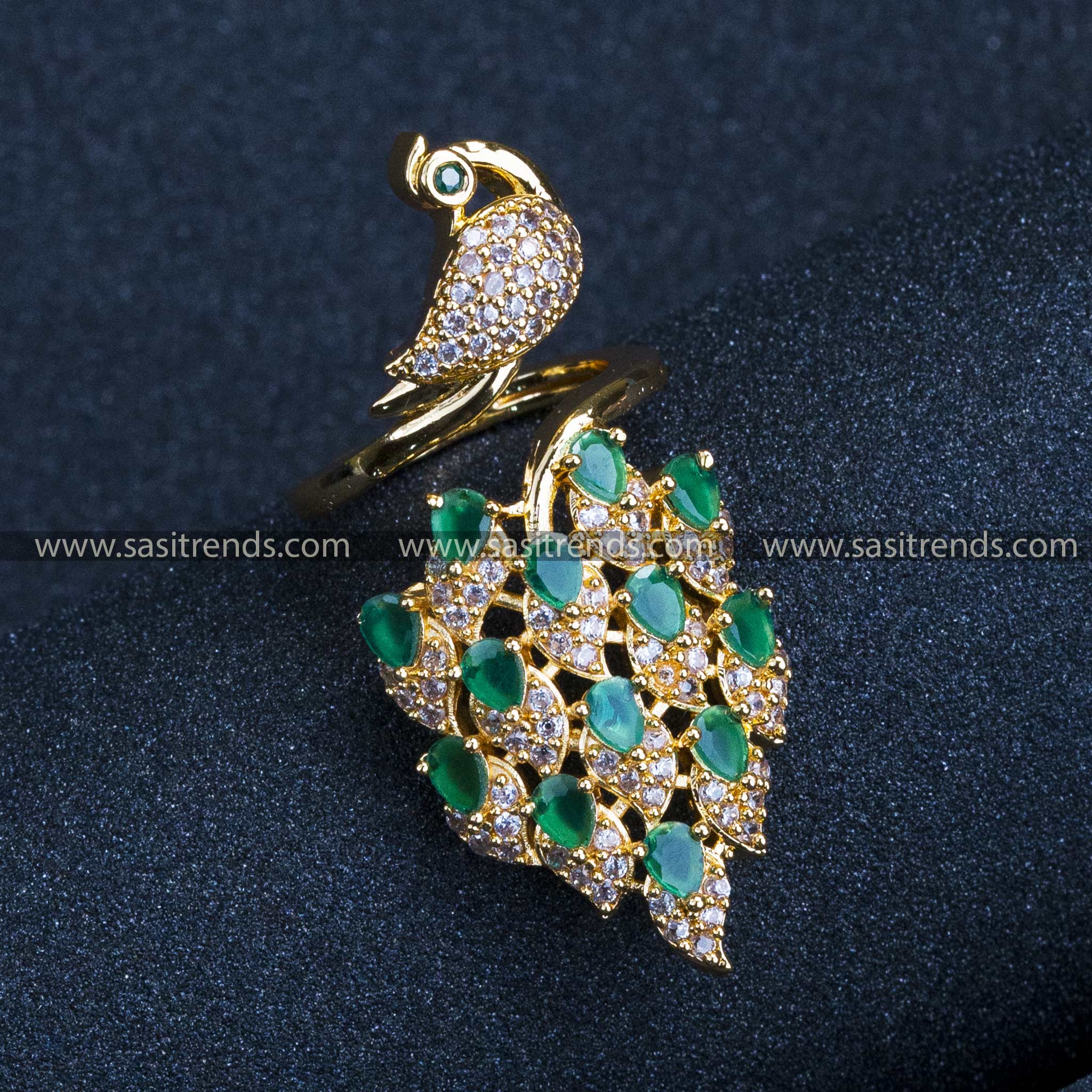 White Green Radiance: Gold Plated Peacock Adjustable Finger Ring with American Diamond Stones for Women - Bridal Collections