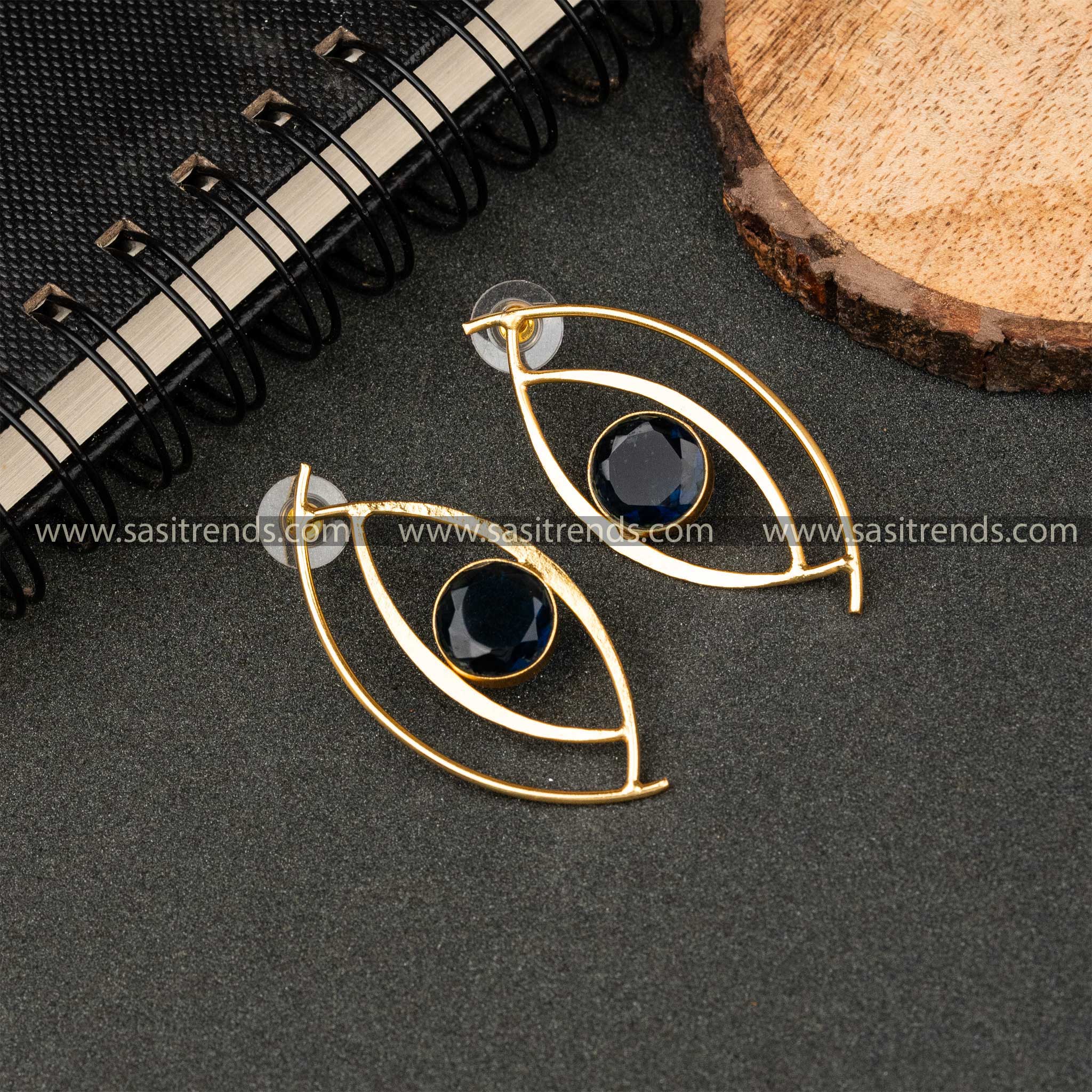 Latest Gold Plated Blue Monalisa Stone Studded Push Back Eye Pattern Earrings