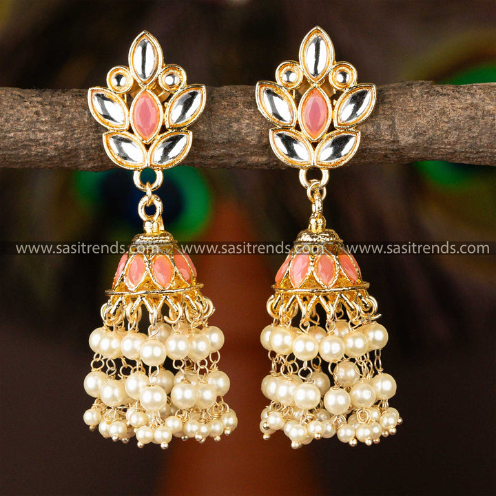 Latest Gold Plated Pink and White Kundan Jhumka Earrings Sasitrends Online Shopping