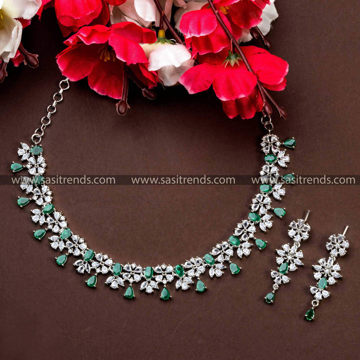 Elegant Party Wear Jewelry Set with Green Stones, Latest Rhodium Silver Plated AD Necklace and Earrings