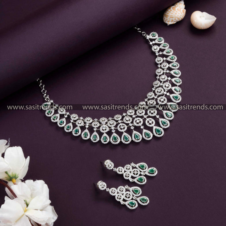 Captivating Rhodium Silver Plated Choker Necklace Set with Vivid Green American Diamond Stones