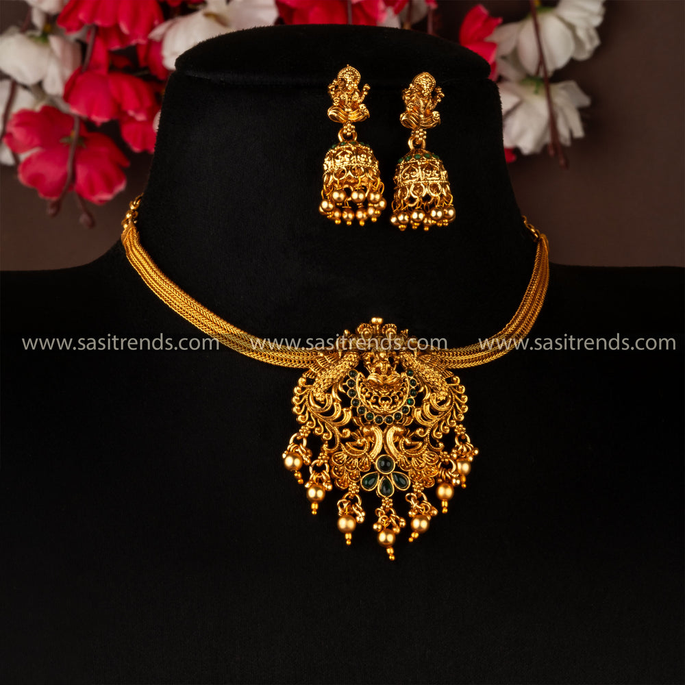 Latest Green Lakshmi Lakshmi Matt Gold Jewellery Set