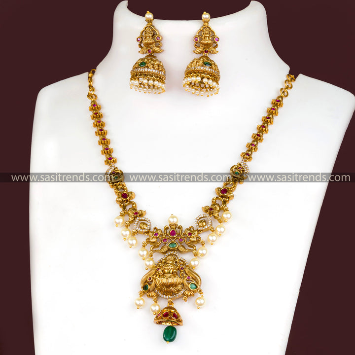 Exquisite Matte Gold Plated Lakshmi Necklace Jewellery Set with  Jhumkas | Sasitrends - Sasitrends