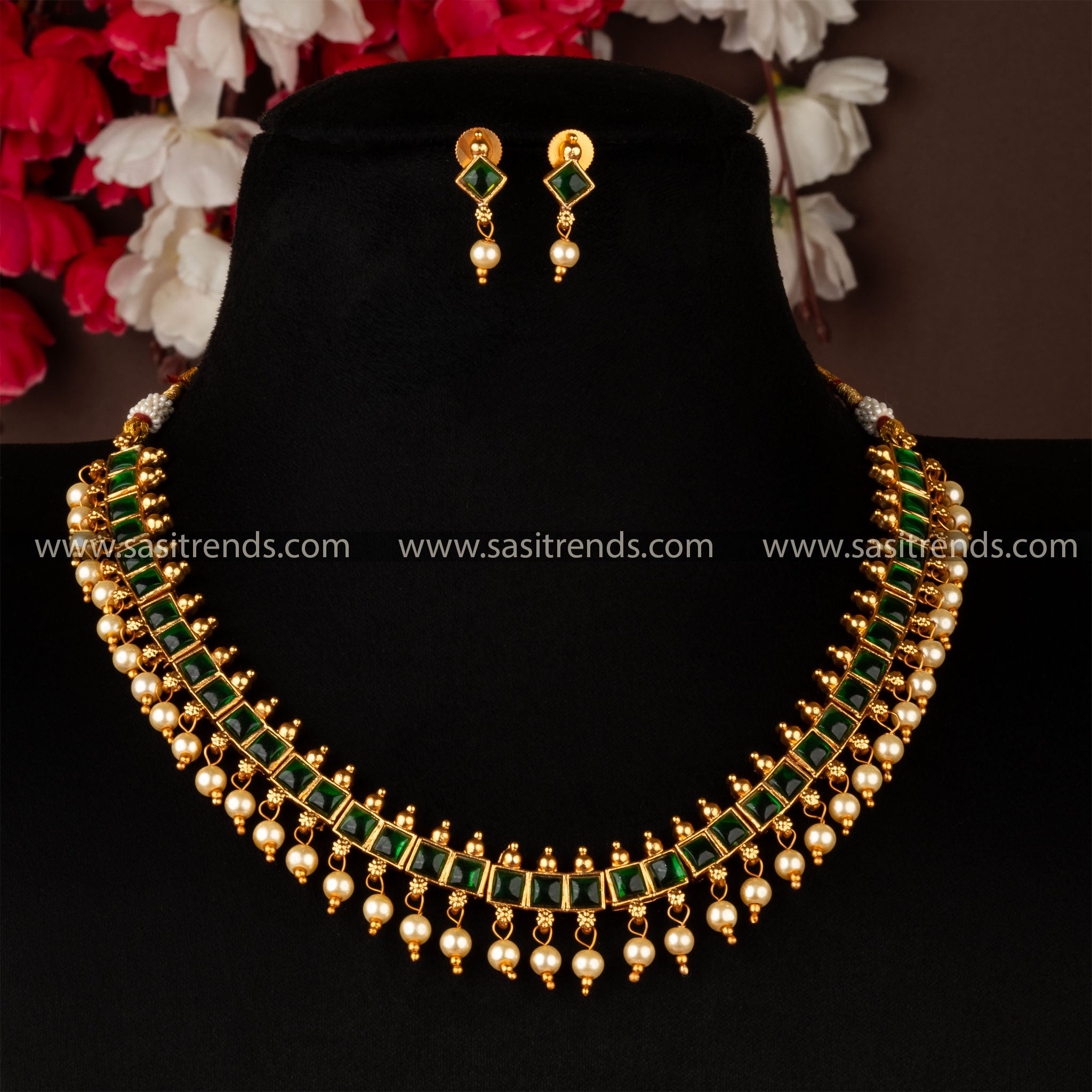 Latest Matt Gold Plated Pearl Green Stone Jewellery set