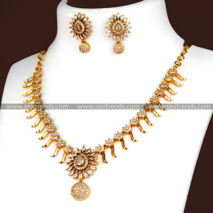 Matte Gold Plated Floral Necklace Set with White American Diamond Stones